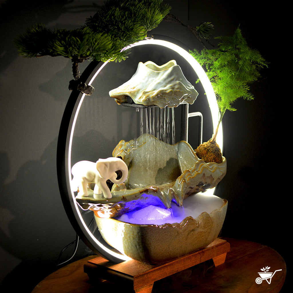 Elephant Hinterlands Water Fountain LED Decor Zen Garden – angled view showing water movement