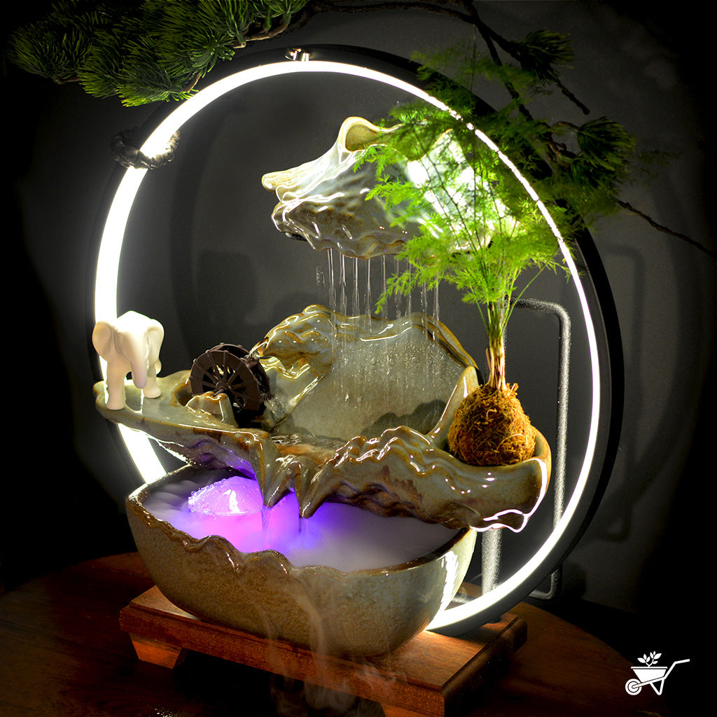 Elephant Hinterlands Water Fountain LED Decor Zen Garden – close-up of elephants and water flow