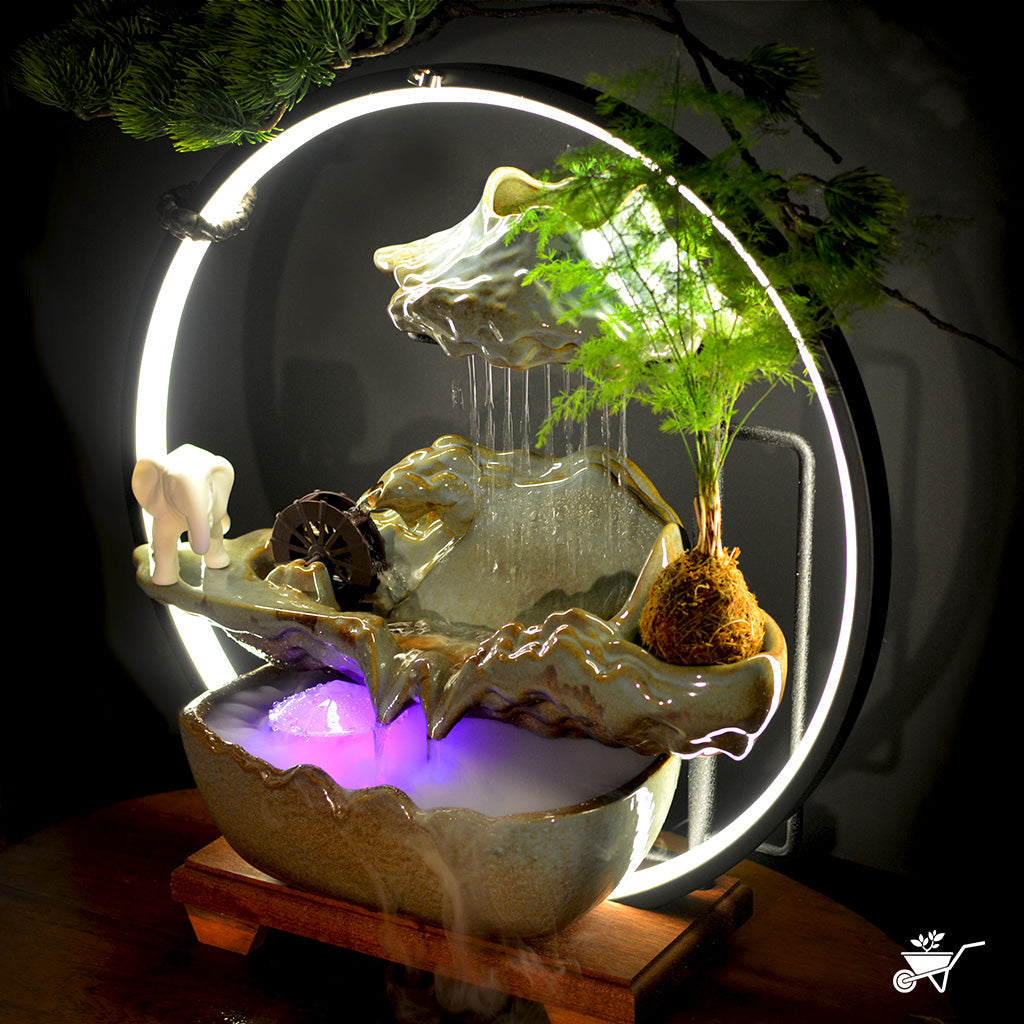 Elephant Hinterlands Water Fountain LED Decor Zen Garden – close-up of elephants and water flow