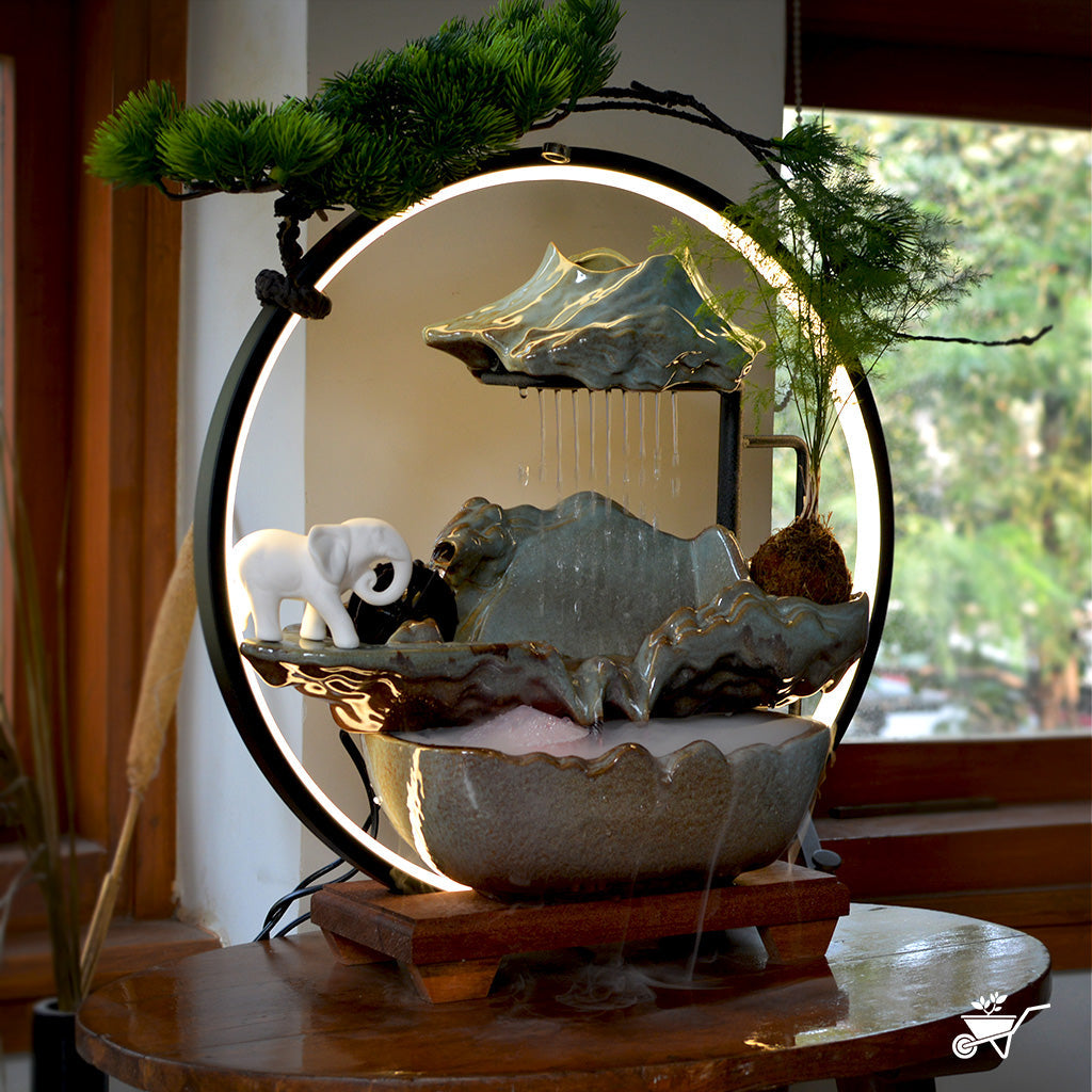 Elephant Hinterlands Water Fountain LED Decor Zen Garden – angled view showing water movement