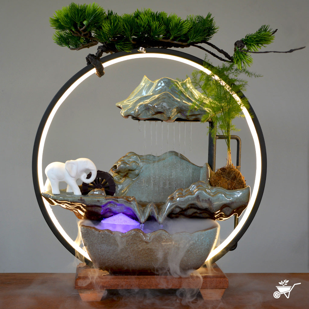 Elephant Hinterlands Water Fountain LED Decor Zen Garden – side angle highlighting LED and cascade