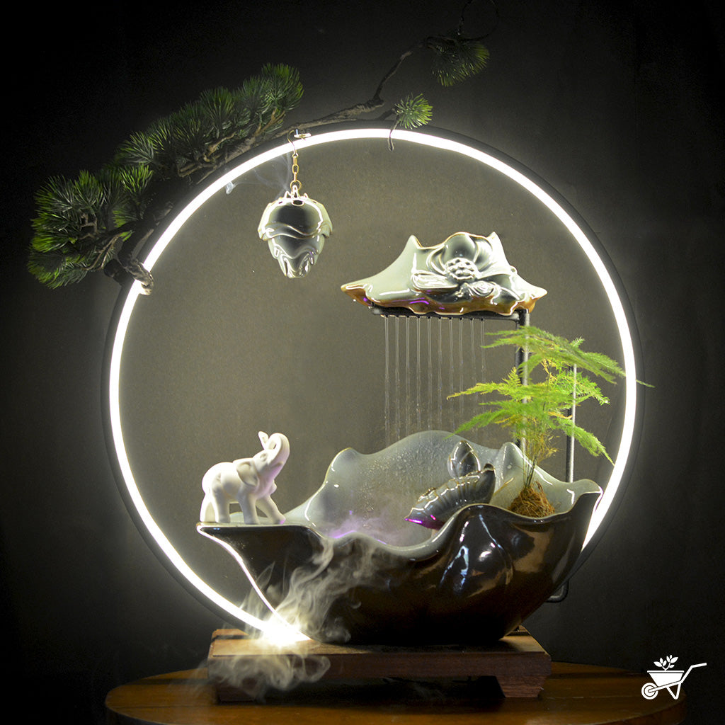 Elephant’s Oasis Water Fountain LED Decor Zen Garden – elephant pair with LED water stream – LED tabletop Zen fountain decor for calming ambience by myBageecha