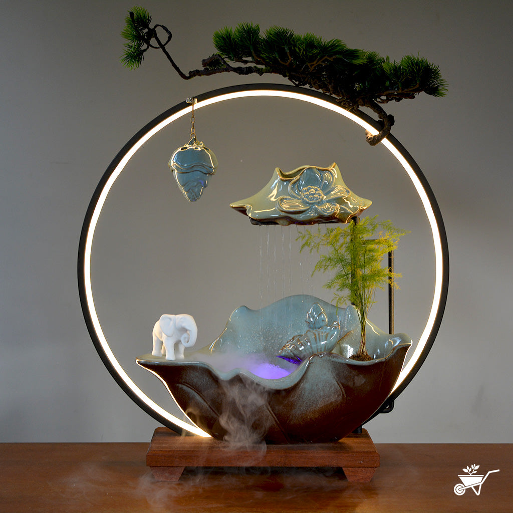 Elephant’s Oasis Water Fountain LED Decor Zen Garden – elephant pair with LED water stream – LED tabletop Zen fountain decor for calming ambience by myBageecha