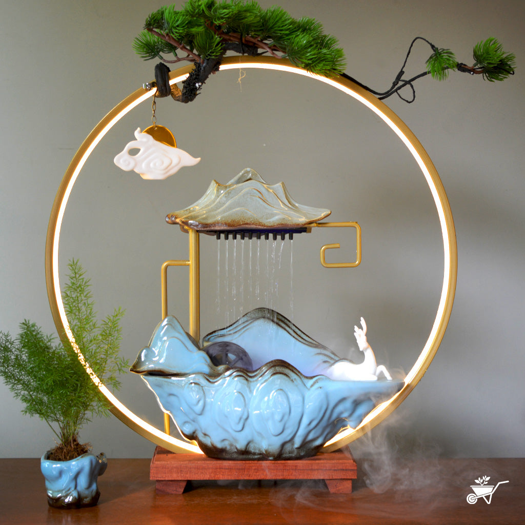 Emerald Whispers Water Fountain LED Decor Zen Garden – green LED water cascade scene – LED tabletop Zen fountain decor for calming ambience by myBageecha