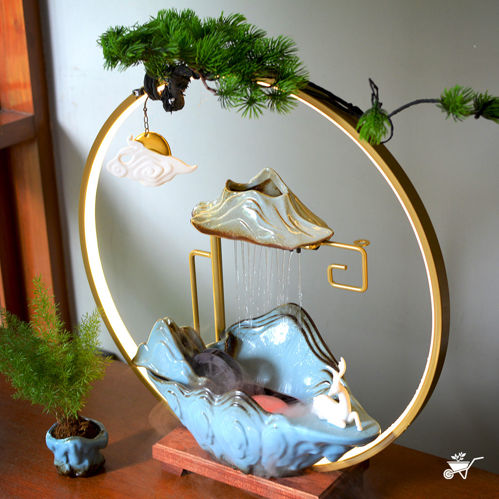 Emerald Whispers Water Fountain LED Decor Zen Garden – side angle highlighting glowing fountain stream