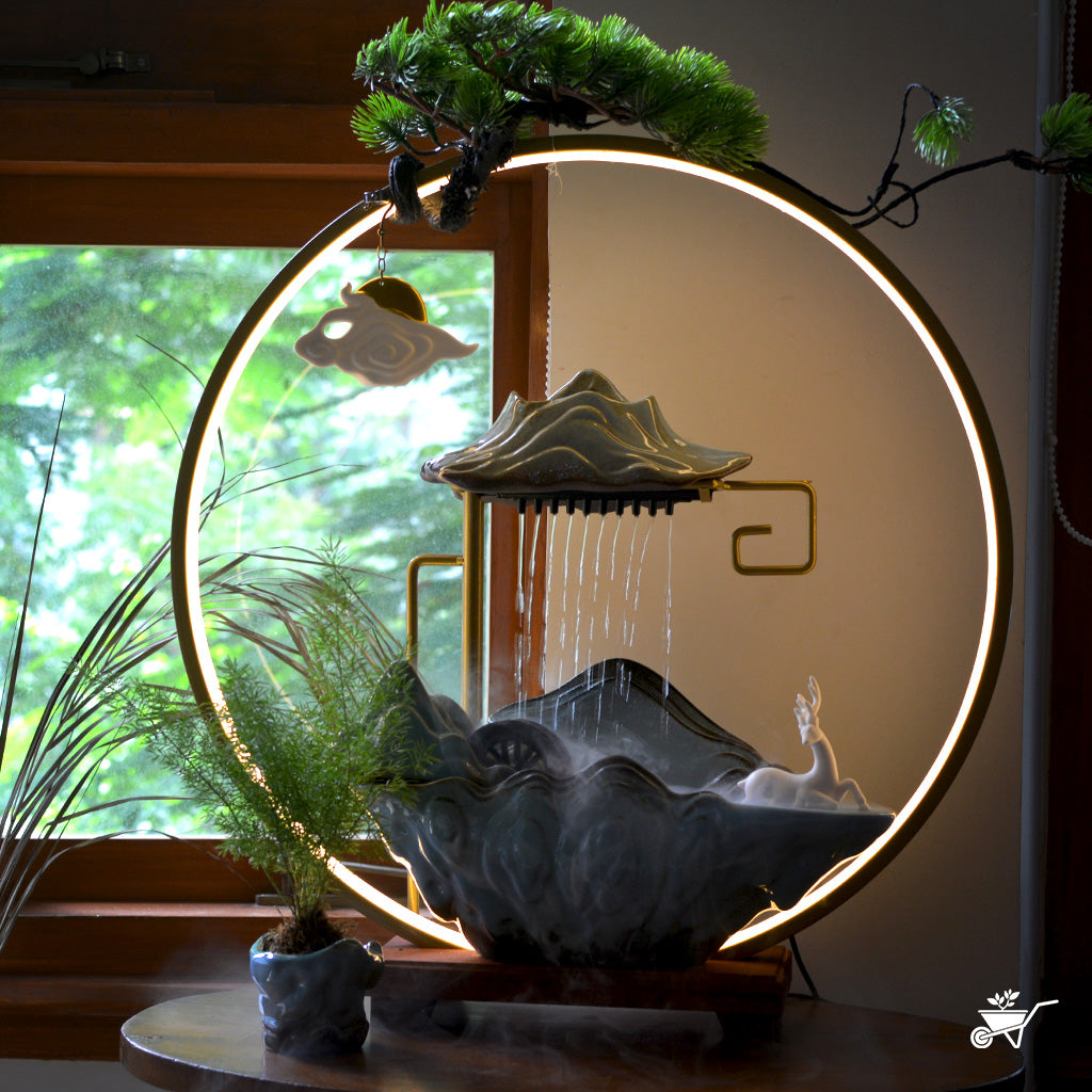 Emerald Whispers Water Fountain LED Decor Zen Garden – front view showing water flow and LED light