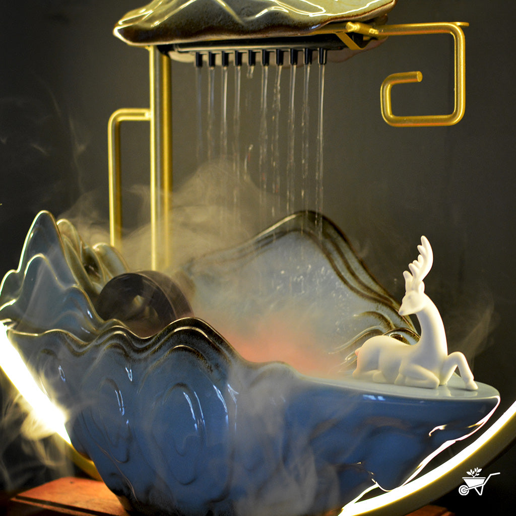 Emerald Whispers Water Fountain LED Decor Zen Garden – close-up of LED reflections and textured base