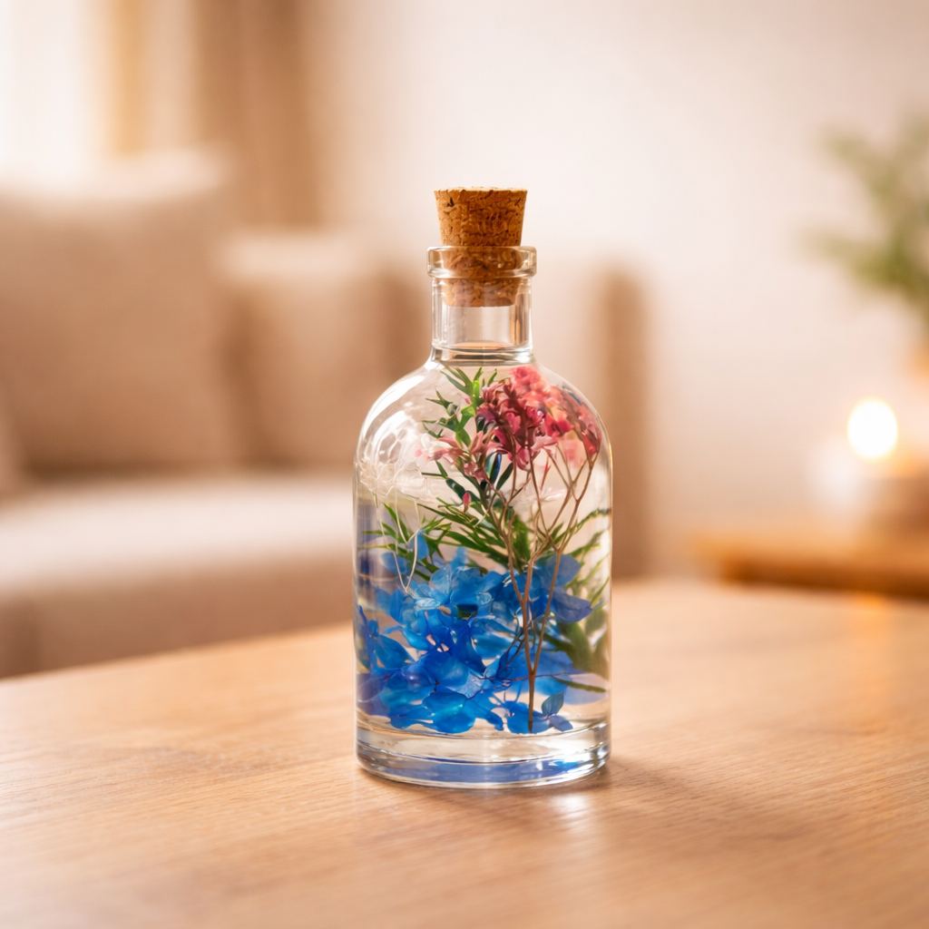 Close-up of Enchanting Fresco Preserved Flower Tabletop by myBageecha – painterly preserved blooms in dome bottle.