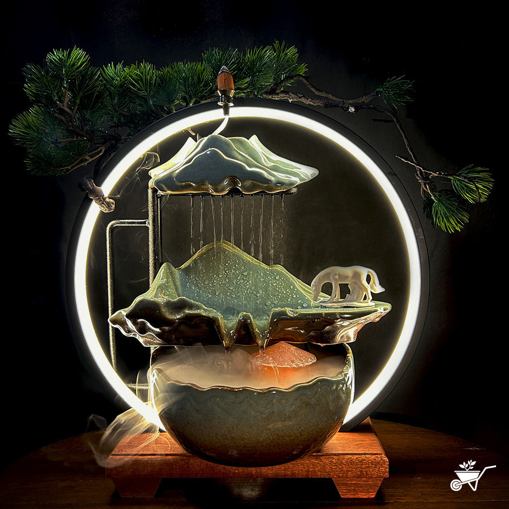 Ethereal Streams Horse Water Fountain LED Decor Zen Garden – horse figurine beside flowing LED water – LED tabletop Zen fountain decor for calming ambience by myBageecha