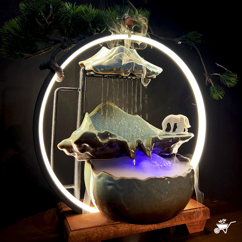 Ethereal Streams Horse Water Fountain LED Decor Zen Garden – side angle highlighting LED light and mist