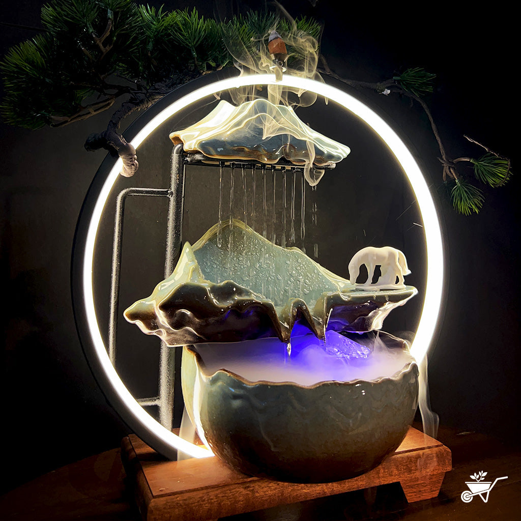 Ethereal Streams Horse Water Fountain LED Decor Zen Garden – side angle highlighting LED light and mist