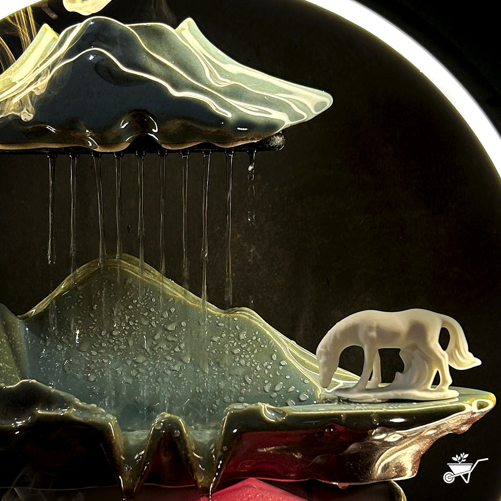Ethereal Streams Horse Water Fountain LED Decor Zen Garden – close-up of horse figure with LED reflections