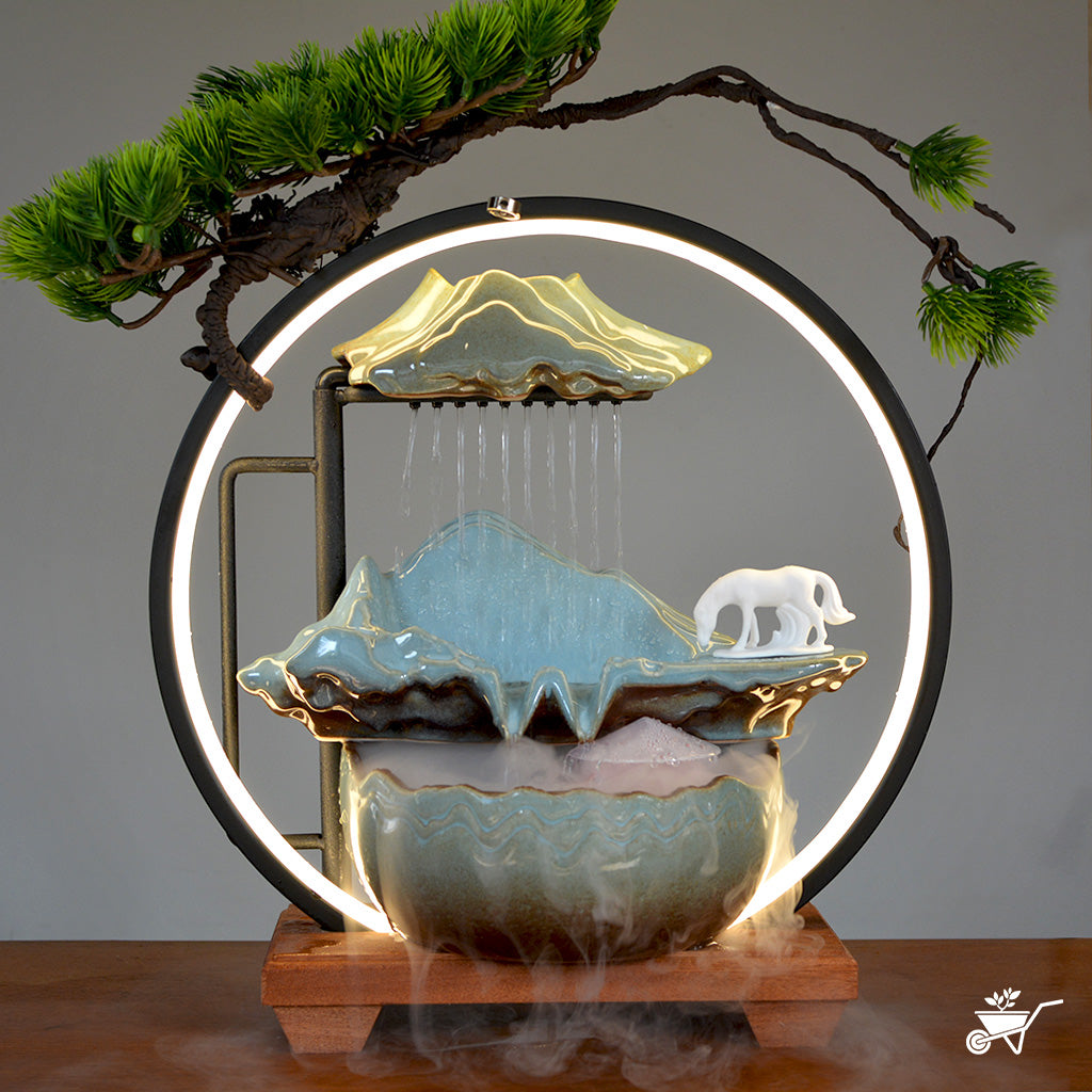 Ethereal Streams Horse Water Fountain LED Decor Zen Garden – front view showing horse and water cascade