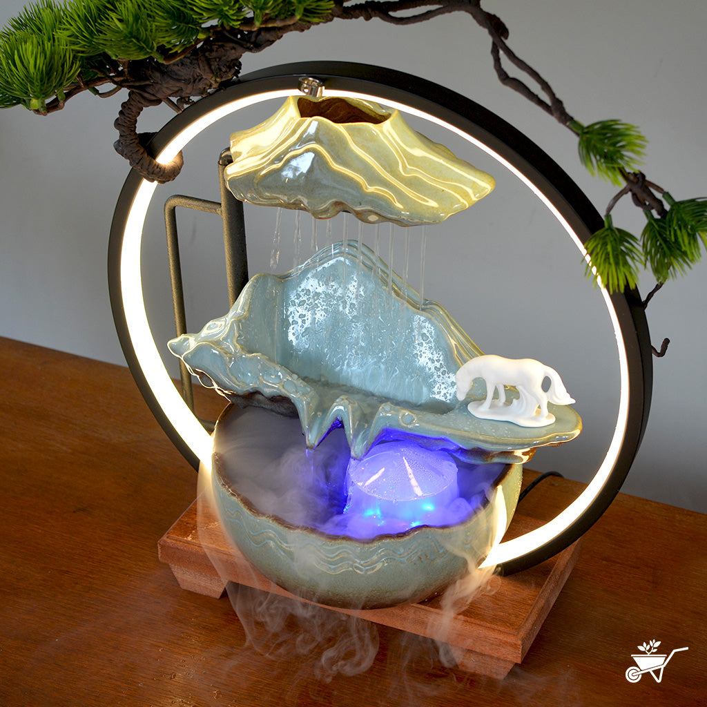 Ethereal Streams Horse Water Fountain LED Decor Zen Garden – angled shot with soft LED lighting
