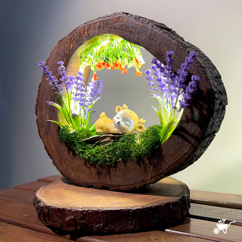 Fairytale Fawn LED Decor with Stand Zen Garden – angled shot showing depth of forest scene