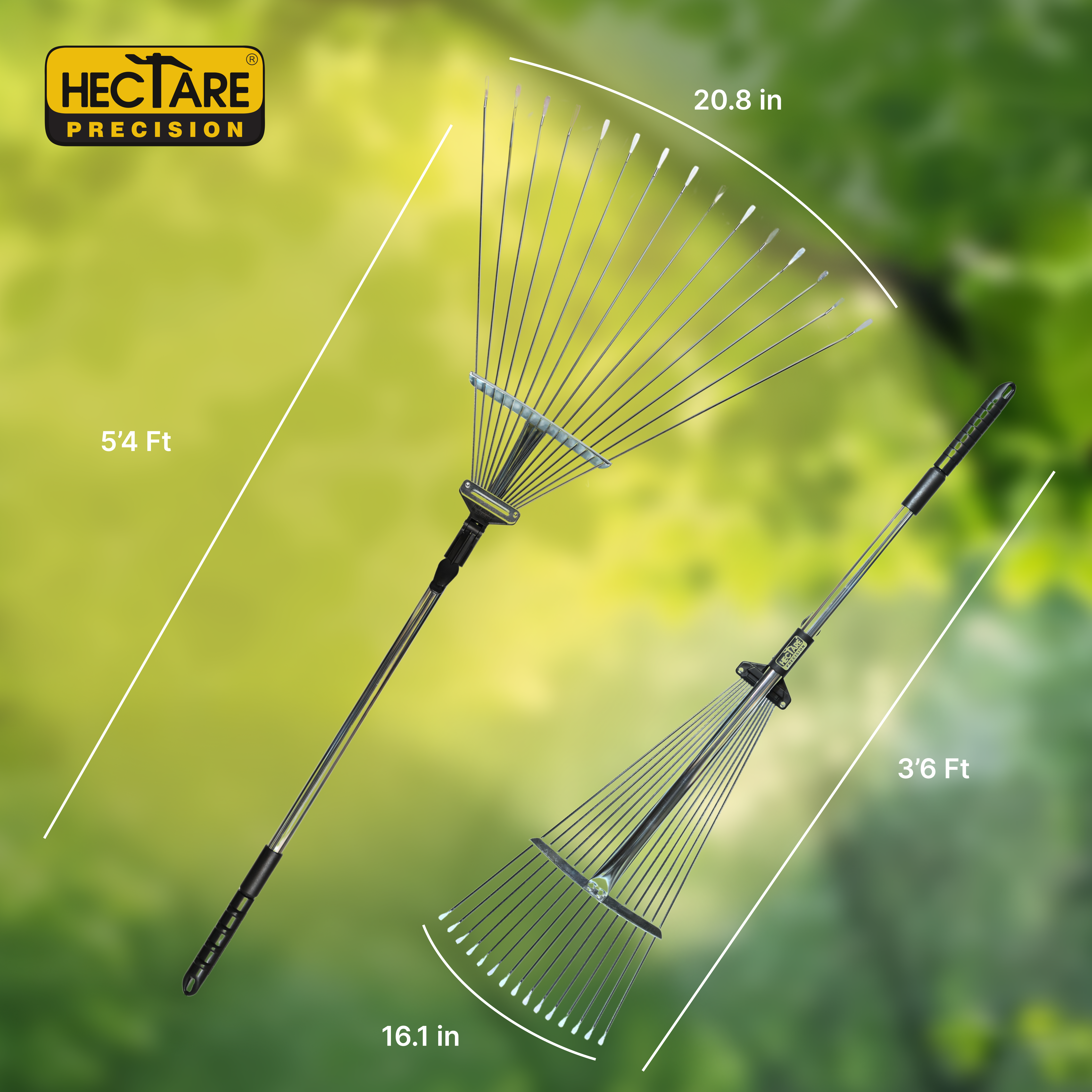 Hectare Precision 15 Tine Stainess Steel Telescopic Metal Rake, 31 to 64 Inch Adjustable Expanding Handle Rake