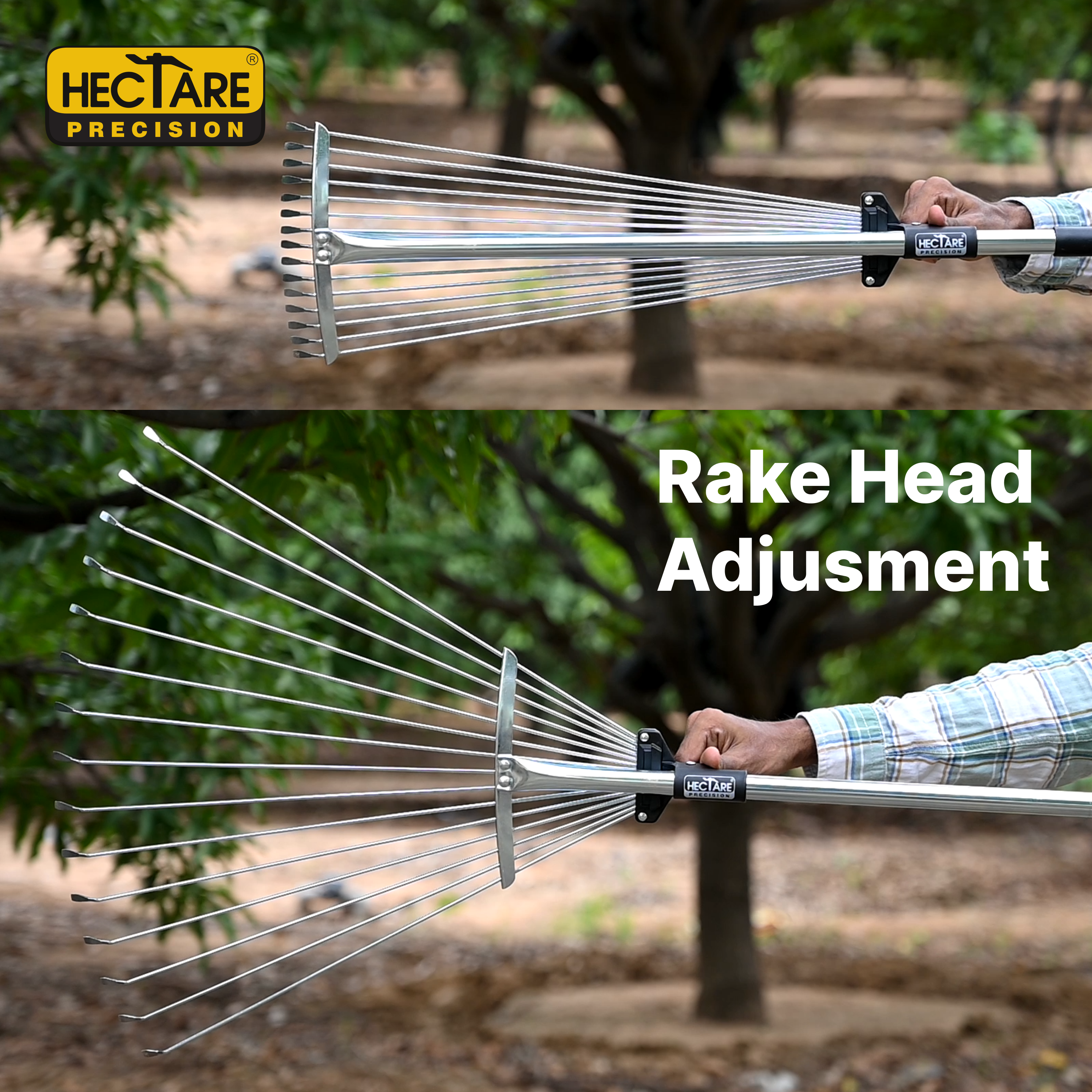 Hectare Precision 15 Tine Stainess Steel Telescopic Metal Rake, 31 to 64 Inch Adjustable Expanding Handle Rake
