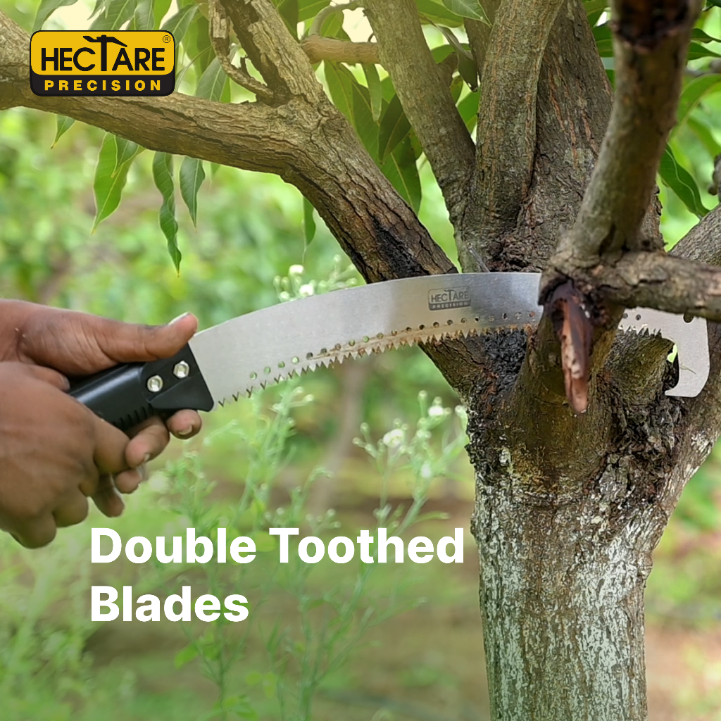 Close-up of Hectare Precision Q’neck Pruning Saw double toothed blade