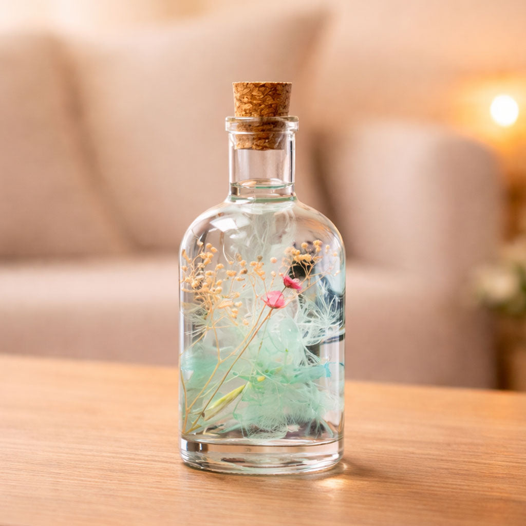 Close-up of Frolicking Blues Preserved Flower Tabletop by myBageecha – Natural flowers in glass bottles