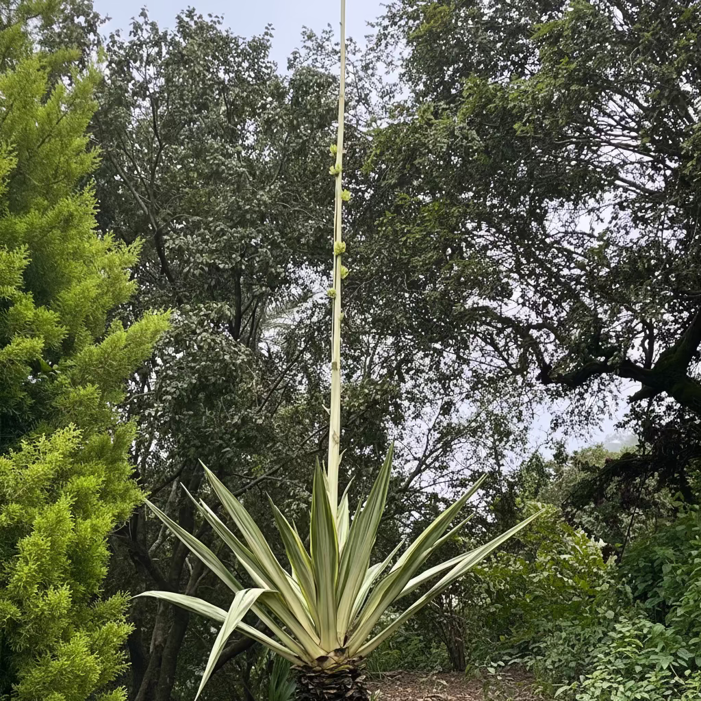 A variegated Furcraea Foetida agave plant with a tall, slender flowering stalk reaching high into the frame, surrounded by green foliage and trees in an outdoor garden setting.