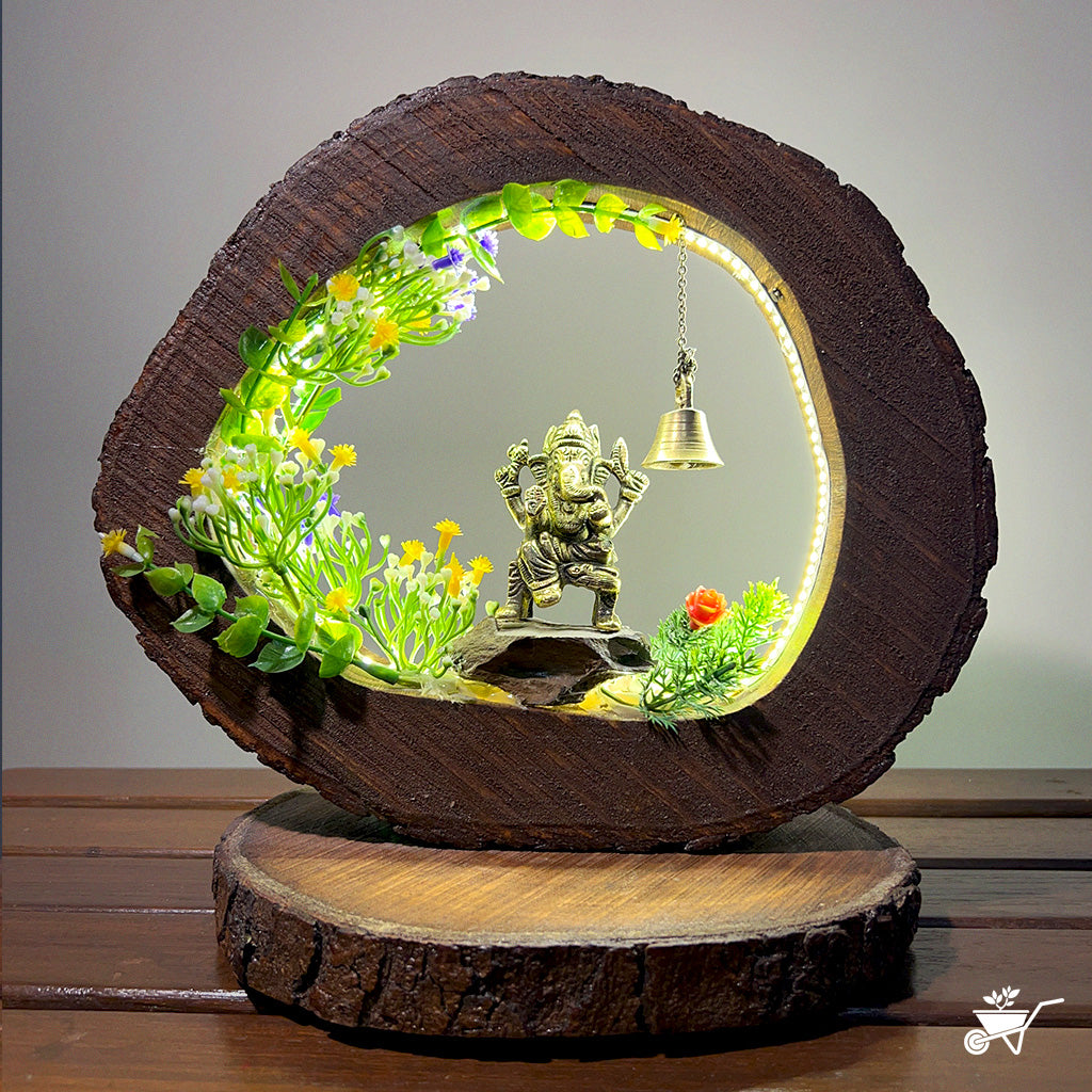 Ganesh Abode LED Decor with Stand Zen Garden – Ganesh idol with LED halo and greenery – LED Zen decor for peaceful ambience by myBageecha