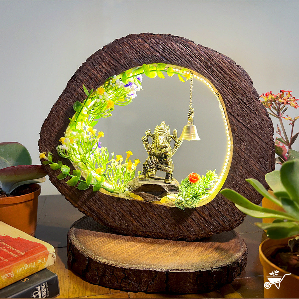 Ganesh Abode LED Decor with Stand Zen Garden – front view of Ganesh idol on wood base with light glow