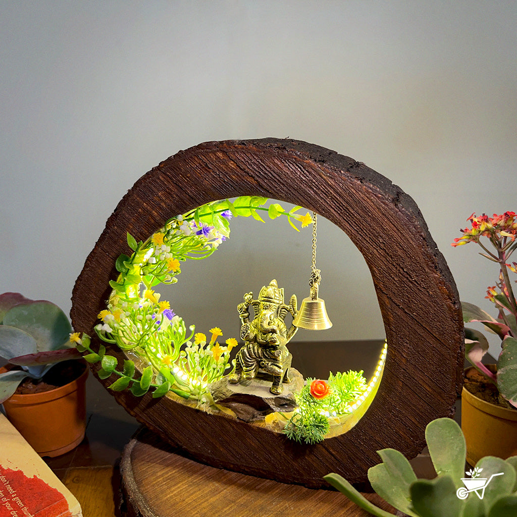 Ganesh Abode LED Decor with Stand Zen Garden – side angle showing plant decor and halo light
