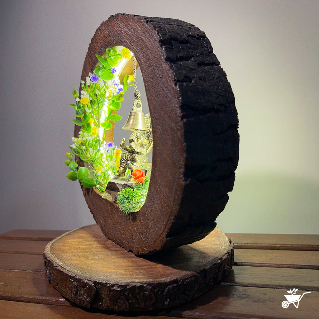 Ganesh Abode LED Decor with Stand Zen Garden – top view of wooden stand and LED arrangement