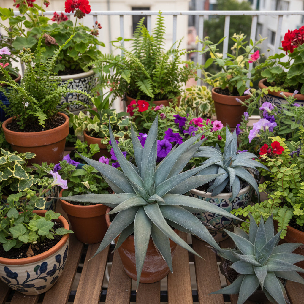 Gasteraloe 'Silver Swirls' with other plants in balcony