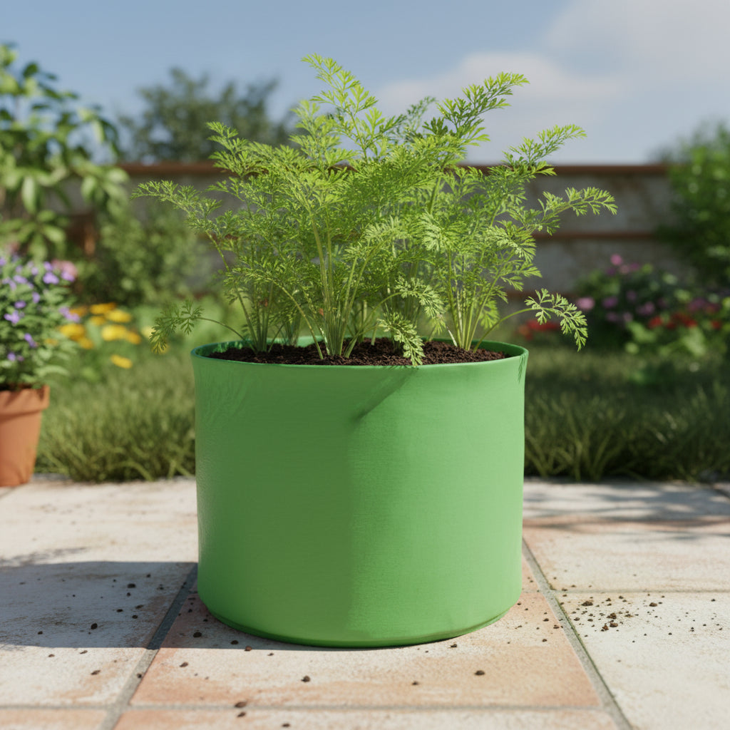 Carrots growing in HDPE UV Grow Bag 15 x 15 Inch Circular