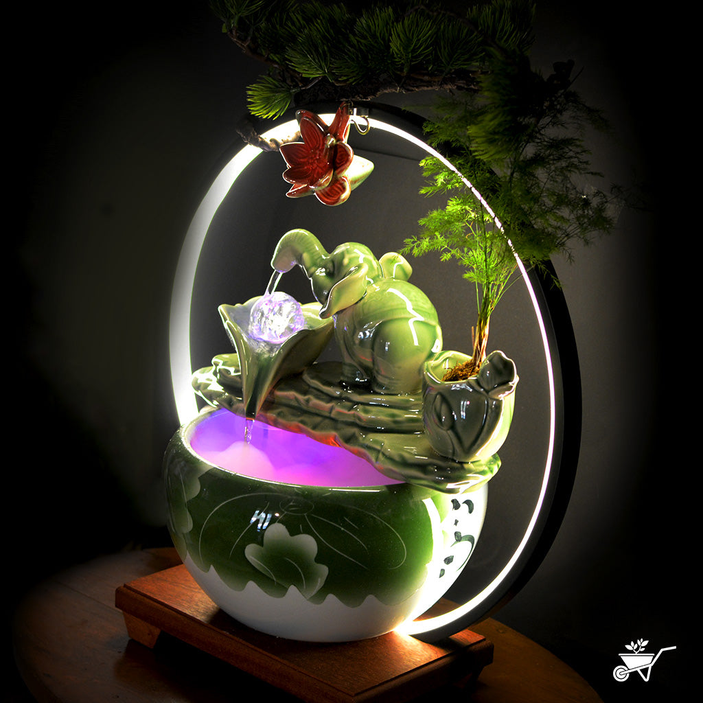 Jade Green Baby Elephant Water Fountain LED Decor Zen Garden – close-up of elephant figure and fountain