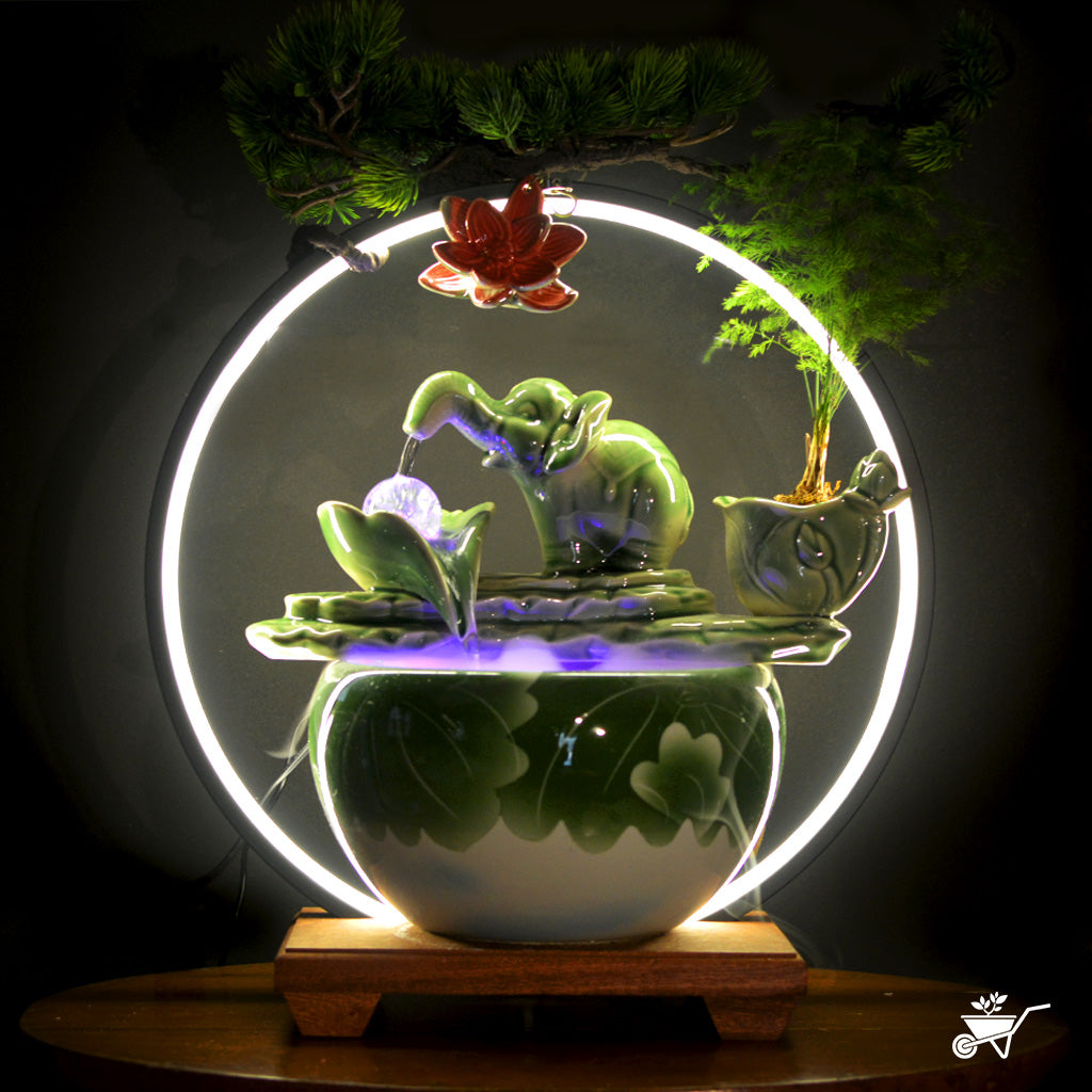 Jade Green Baby Elephant Water Fountain LED Decor Zen Garden – elephant figurine with LED water stream – LED tabletop Zen fountain decor for calming ambience by myBageecha