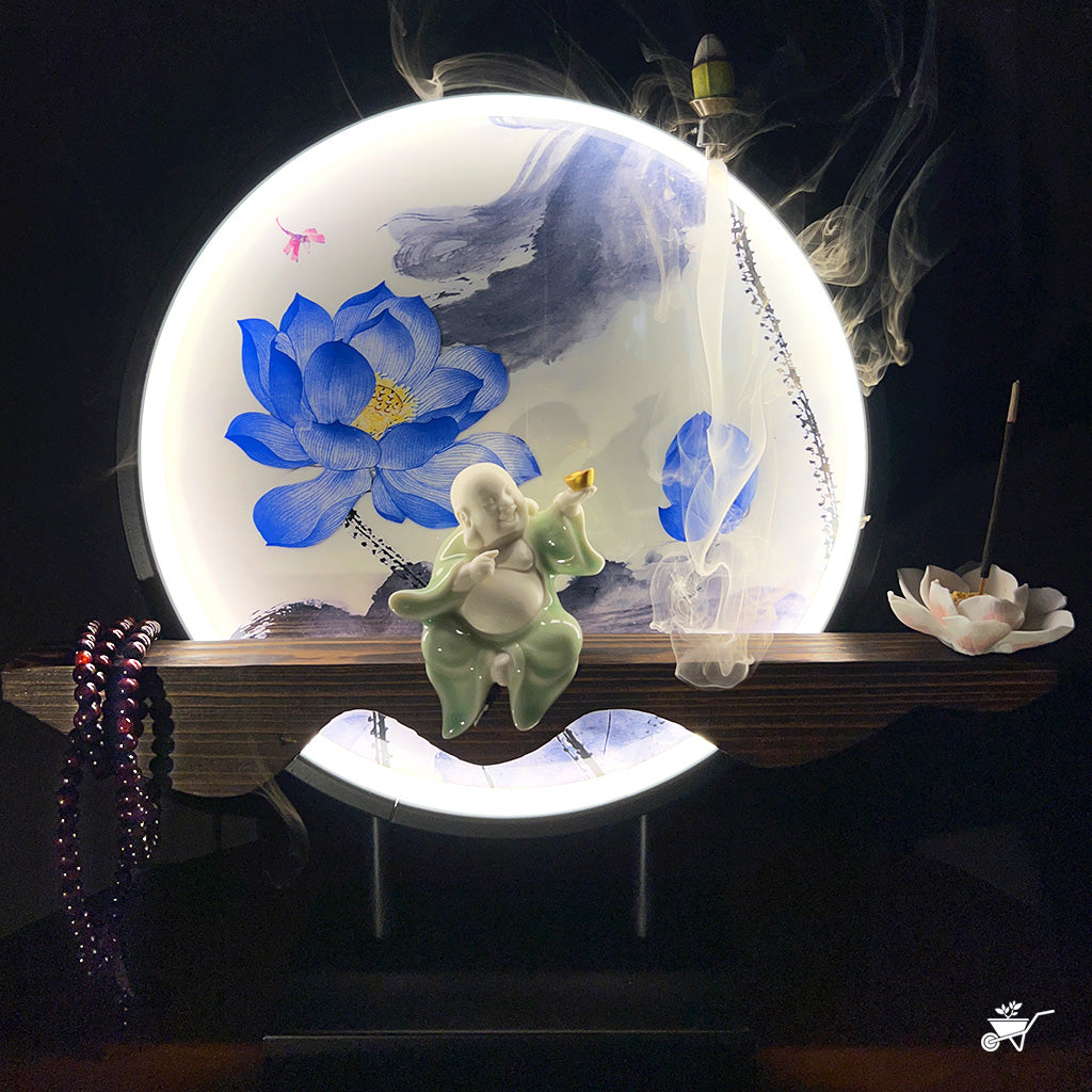 Laughing Buddha LED Decor Incense Burner Zen Garden – smiling Buddha with LED and incense smoke – LED Buddha incense decor for relaxing ambience by myBageecha