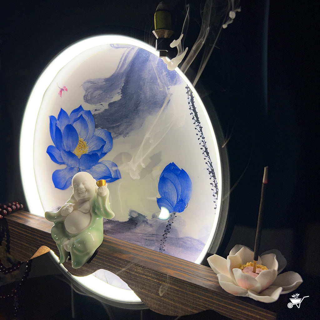 Laughing Buddha LED Decor Incense Burner Zen Garden – close-up of Buddha figurine and incense outlet