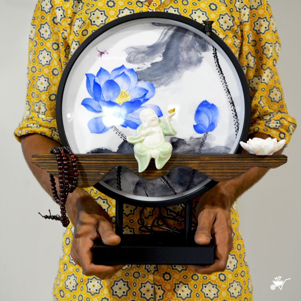 Laughing Buddha LED Decor Incense Burner Zen Garden – angled view showing smoke and lighting