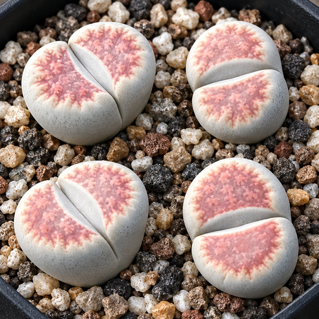Lithops karasmontana var. lateritia also known as living stones, arranged in a black nursery tray. The plants feature pale grayish-white, kidney-shaped leaves with prominent rusty red split patterns in the center, set against a dark soil background.