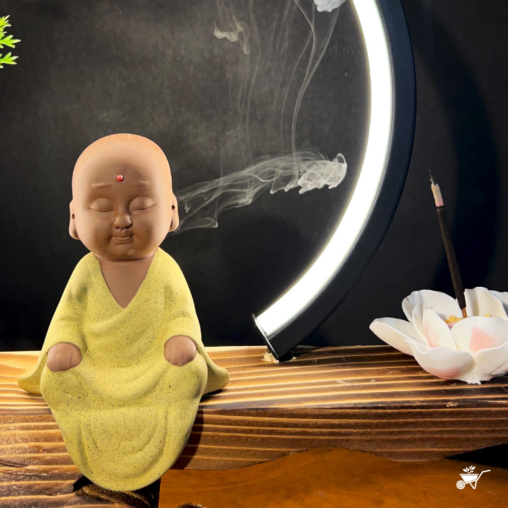 Little Monk in Bliss LED Decor Incense Burner Zen Garden – angled shot highlighting peaceful expression