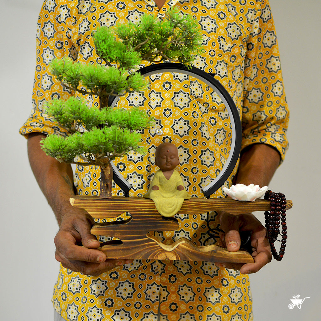 Little Monk in Bliss LED Decor Incense Burner Zen Garden – back view showing LED and smoke feature