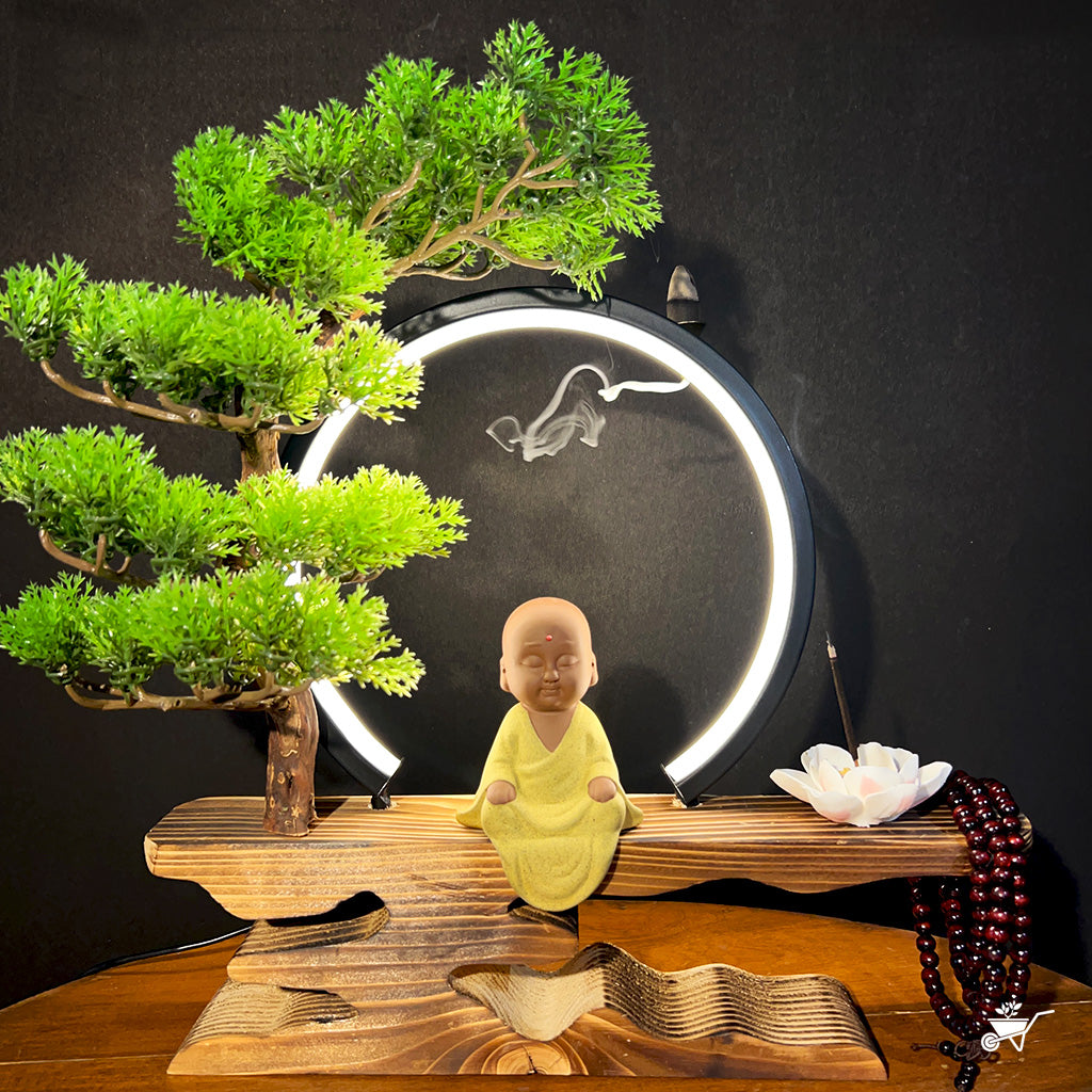 Little Monk in Bliss LED Decor Incense Burner Zen Garden – child monk with LED light and smoke flow – LED Buddha incense decor for relaxing ambience by myBageecha