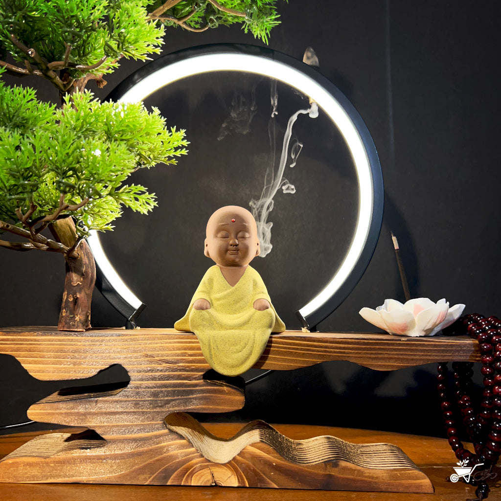 Little Monk in Bliss LED Decor Incense Burner Zen Garden – side angle showing LED aura and greenery