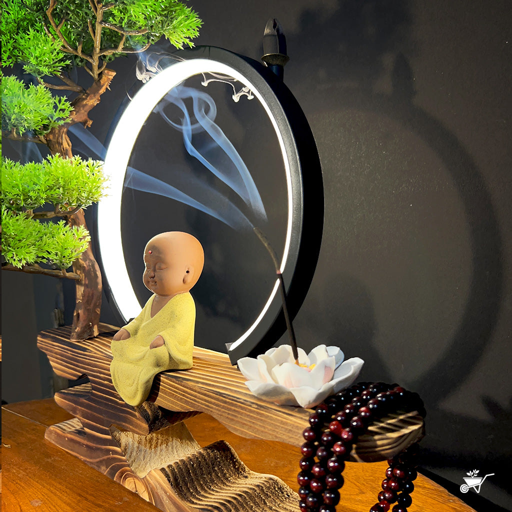 Little Monk in Bliss LED Decor Incense Burner Zen Garden – tabletop Zen decor with LED light