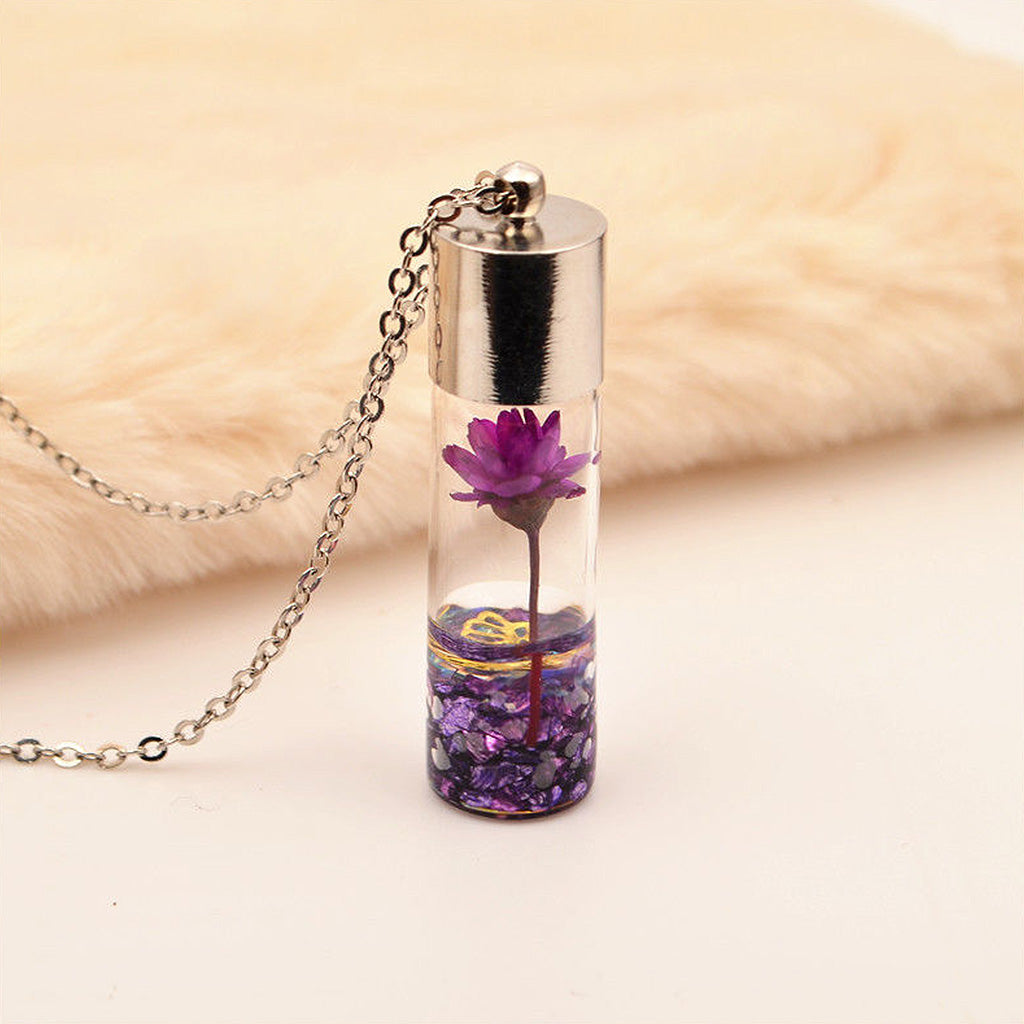 Purple Lyrical Lotus real dried flower pendant necklace with glossy resin finish