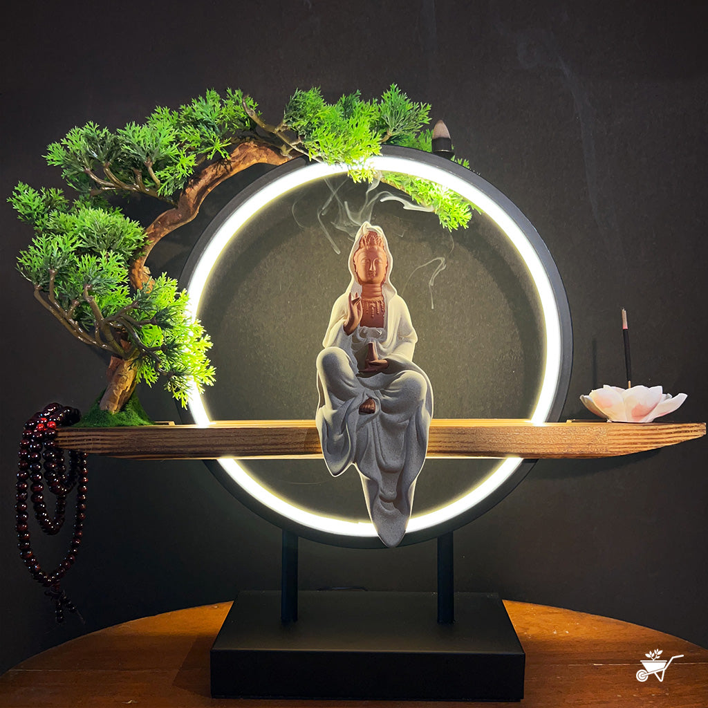 Meditating in Nature LED Decor Incense Burner Zen Garden – front view of Buddha and incense smoke flow