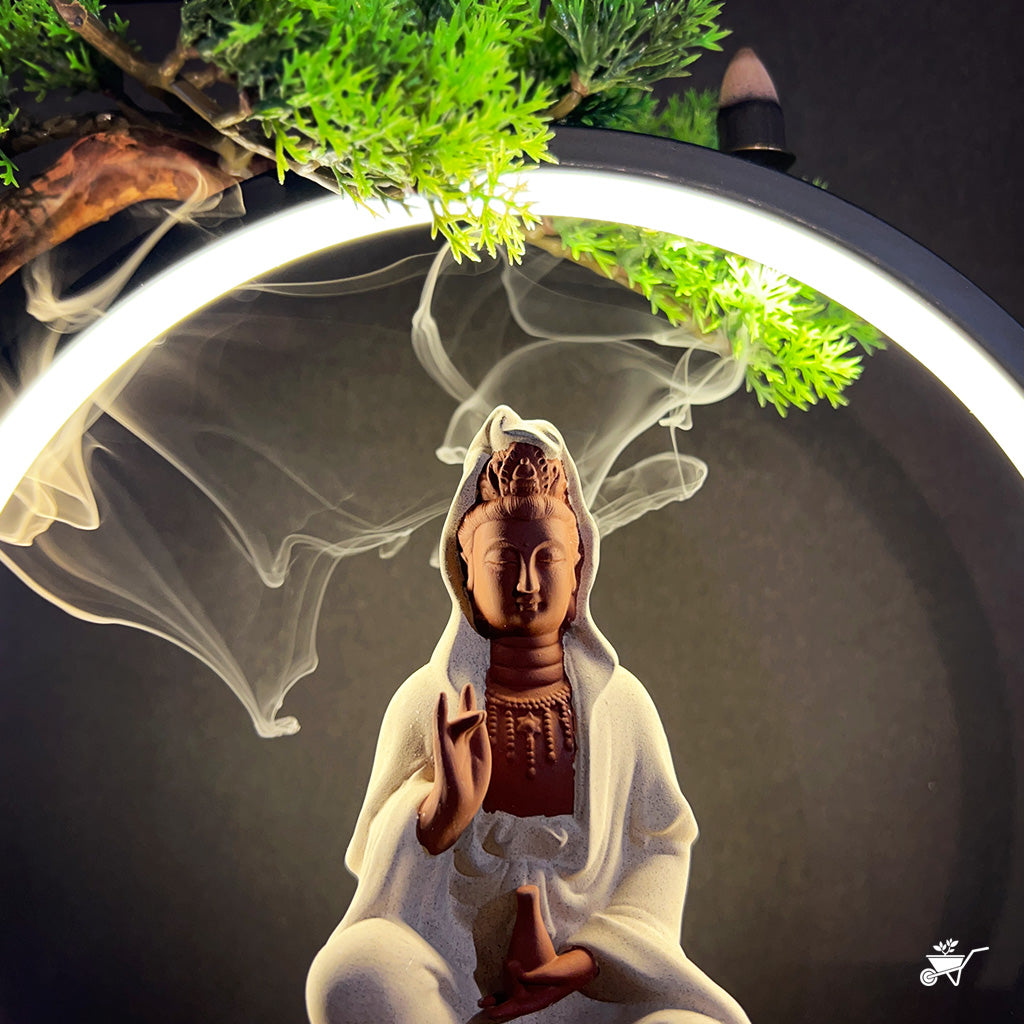 Meditating in Nature LED Decor Incense Burner Zen Garden – side angle showing LED lighting and greenery