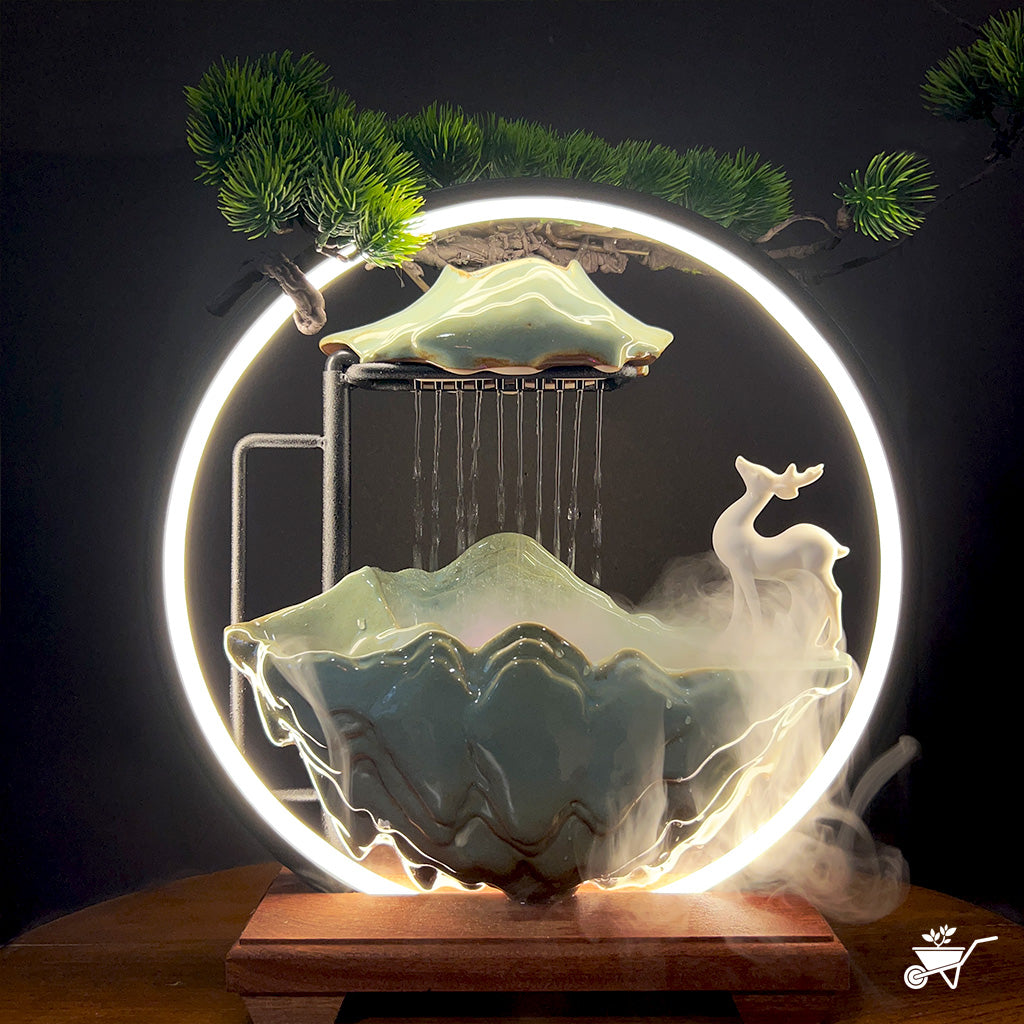 Misty Muse Water Fountain LED Decor Zen Garden – front view showing water stream and LED glow