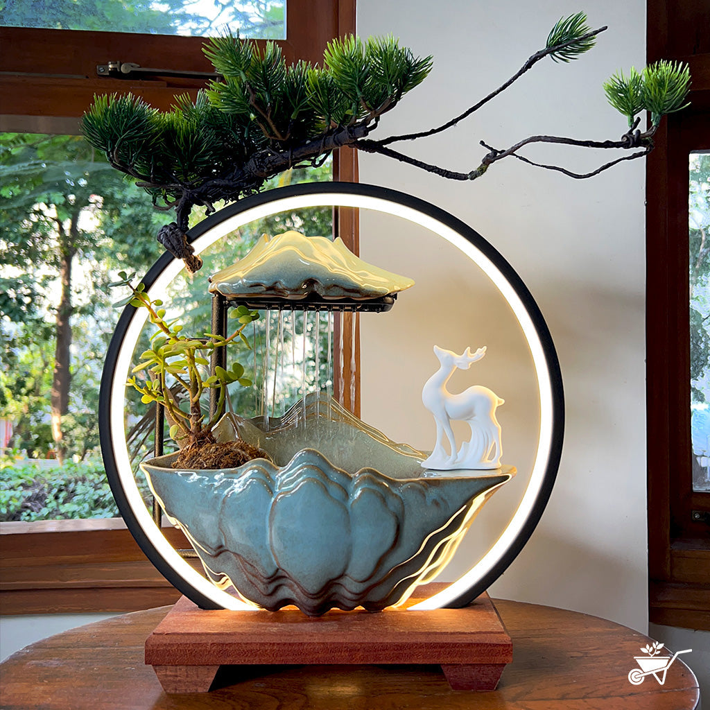 Misty Muse Water Fountain LED Decor Zen Garden – close-up of water cascade and LED light