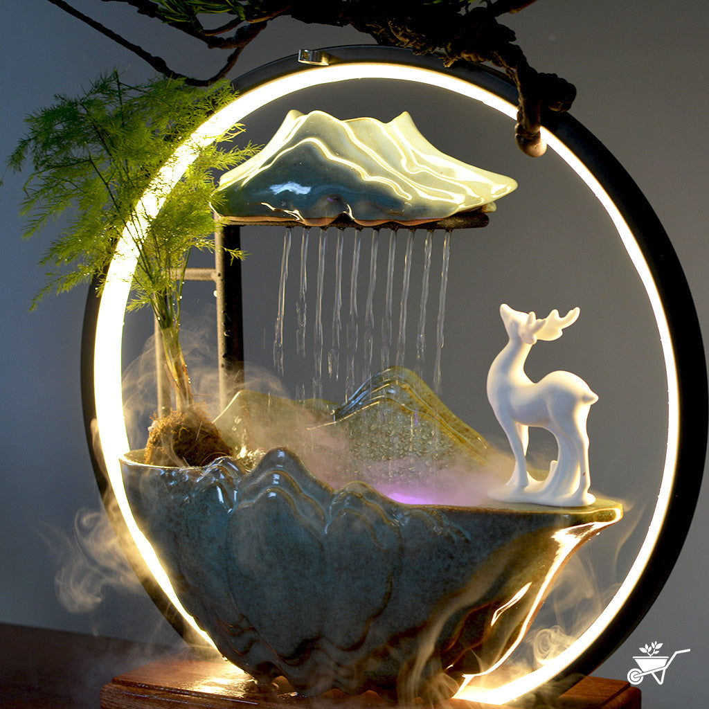 Misty Muse Water Fountain LED Decor Zen Garden – side view highlighting mist and natural texture