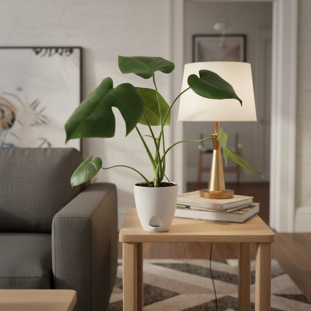 Monstera Deliciosa Plant in self watering pot kept in drawing room-myBageecha