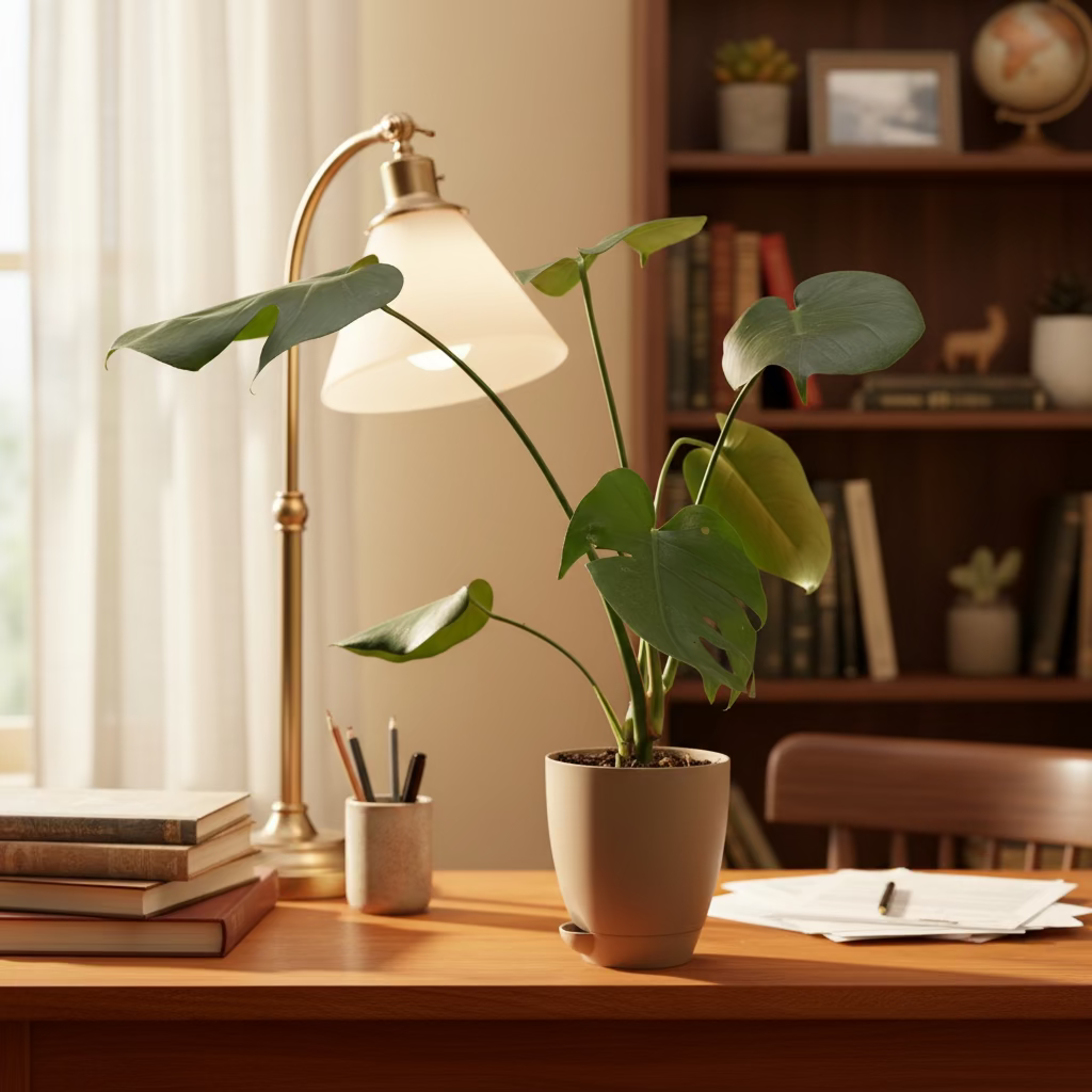 Monstera Deliciosa Plant in self watering pot kept on study table