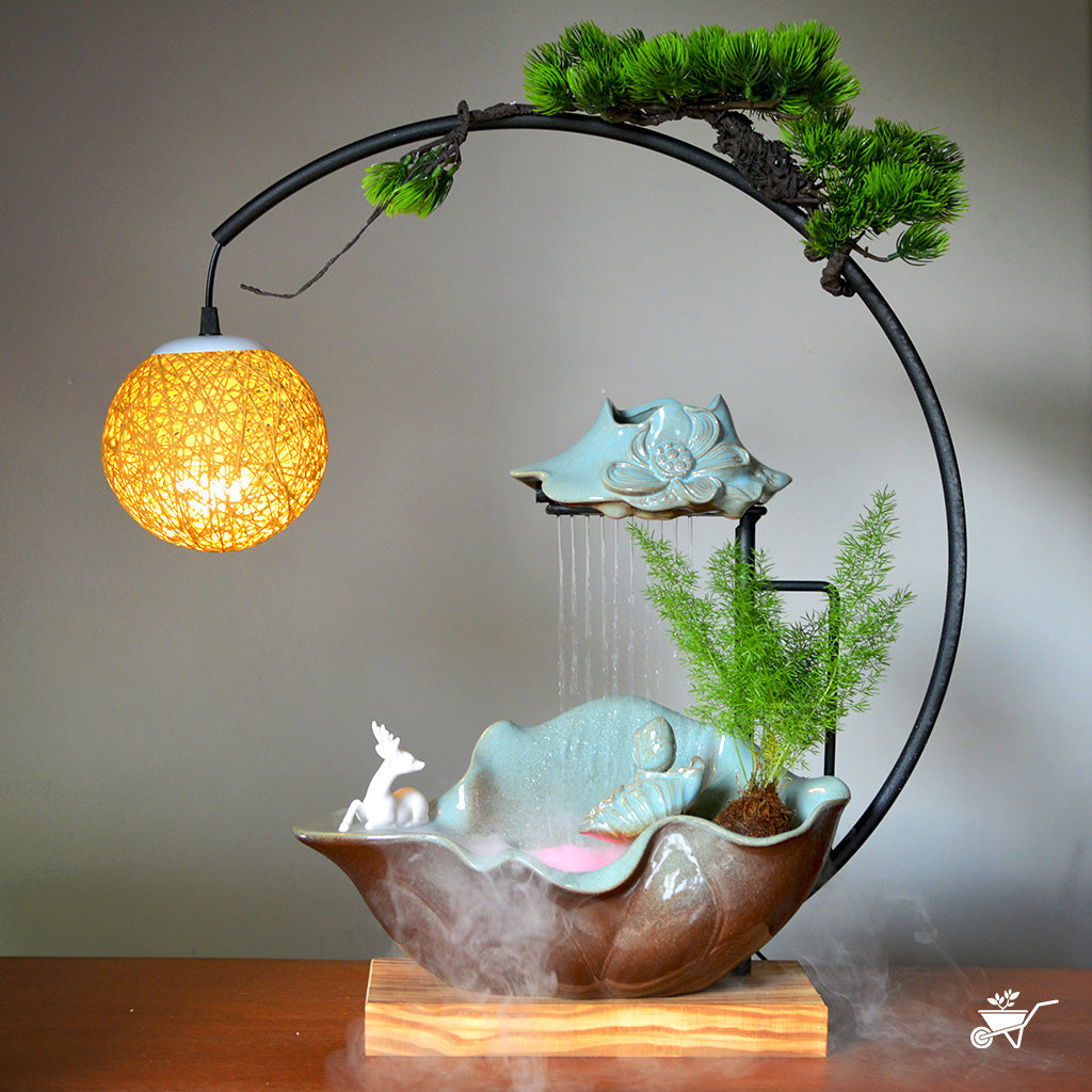 Moonlit Serenity Water Fountain LED Decor Zen Garden – moon-themed LED water scene – LED tabletop Zen fountain decor for calming ambience by myBageecha
